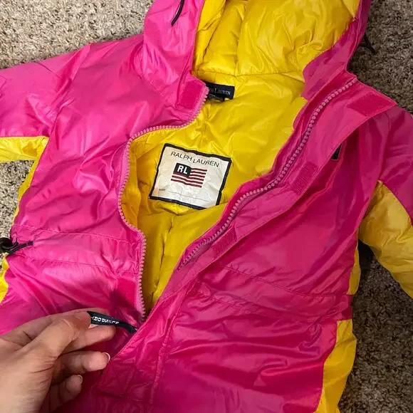 VTG Ralph Lauren Goose Down SnowSuit Bunting 12m-24m Pink & Yellow Puffer Zipper - Picture 8 of 11